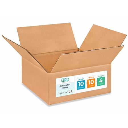Idl Packaging 10 in x 10 in x 4 in Shipping Box, Kraft, Corrugate, Single Wall, 200#, 25 PK B-10104-25
